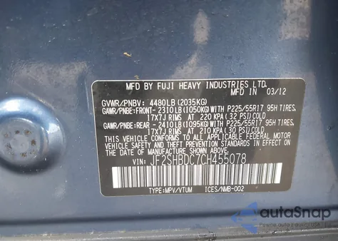 2012 Subaru Forester 2.5X Premium z USA, uszkodzony, nr VIN JF2SHBDC7CH455078